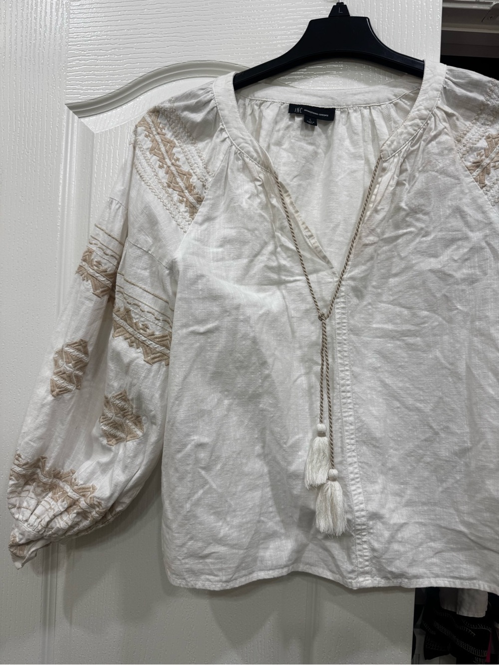 INC International Concepts White Blouse with Beige Embroidery and Tassels